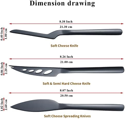 סט סכין גבינה שחורה של קירטון של 3, עיצוב ארגונומי טיטניום טיטניום שחור גבינה מצופה, מפיץ סכין חמאה,