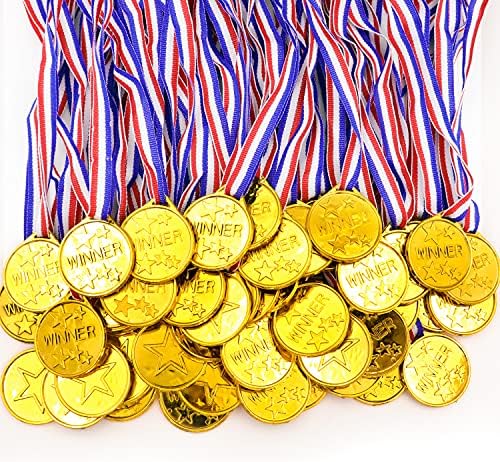 דרובלי 80 חלקים חתיכות זוכה מפלסטיק זהב מדליות עם שרשראות סרט לספורט, משחקים, תחרות, תגמולים סטודנטים,