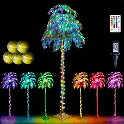 LED עץ דקל מואר עם קוקוסים צבעים משתנים אורות עץ דקל מלאכותיים שלט רחוק, עץ דקל טרופי 7ft לבריכה חוף חצר מסיבת