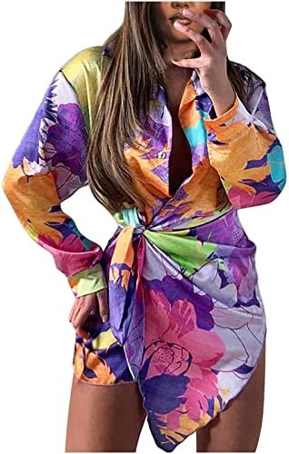 כפתור למטה חולצה שמלה לנשים אלגנטי דש ארוך שרוול עניבת מותניים שמלות צבעוני אמנות הדפסה מזדמן רופף שמלה