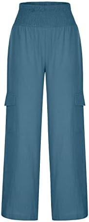 מכנסי פשתן ברגליים רחבות לנשים 2023 מכנסי טרנינג סיבתיים של מטען מותניים אלסטיים גבוהים רופפים רופפים