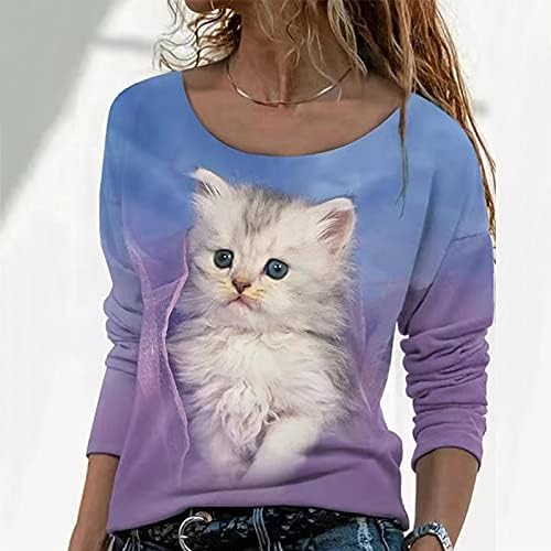 Mtsdjskf סווטשירט חמוד לנשים הדפסת חתול סוודר סוודר גרפי חול חולצות סתיו בגדי קאוואי חולצות טריקו רופפות