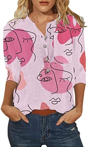 3/4 חולצות T שרוול לנשים לאופנה כפתורים מודפסים פרחוניים V חולצות צוואר מזדמנים