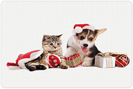 אמבסון חג המולד לחיות מחמד מחצלת עבור מזון ומים, כלב וחתול בסנטה כובעי עם הפתעה קופסות וכדורים חדש