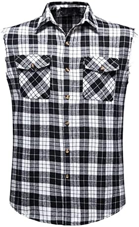 חולצות קדמיות משובצות של גברים ללא שרוולים, כפתור כפתור דק -כפתור מטה בכיס קדמי