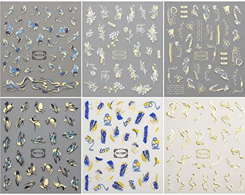 6 גיליונות גרפיטי נייל אמנות מדבקות לבן זהב פס קו נייל מדבקות 3 ד דביק שיש פס קווים גלי מכתב