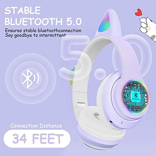אוזניות Axfee Kids, אוזניות Bluetooth לילדים באוזן חתול, LED מדליקות מעל אוזניות אלחוטיות של ילדים עם