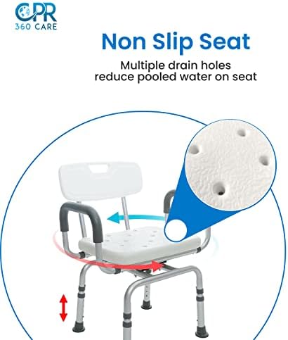 כיסא מקלחת מסתובב למקלחת פנימית. 360 תואר מתכוונן גובה קל משקל מסתובב כיסא עם זרועות וגב לקשישים, קשישים,