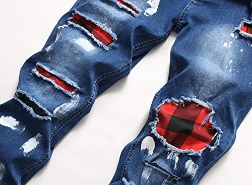 ג ' ינס סקיני נמתח נמתח עם טלאים מכנסי רגל מחודדים בגזרה דקה ישרה לגברים