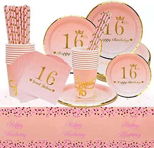 מתוק 16 ספקי צד 16 יום הולדת קישוטי סט - חד פעמי כלי שולחן כולל צלחות, כוסות, מפיות, קשיות, מפת שולחן