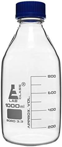 בקבוק ריאגנט של אייסקו, 1000 מיליליטר - שקוף עם מכסה בורג כחול-סיום לימודים לבן-מעבדות זכוכית בורוסיליקט