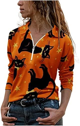 חולצות סווטשירטים של ליל כל הקדושים של נשים חולצות שרוול ארוך חולצות חתול מצחיקות דלעות סוודר גרפי רוכסן