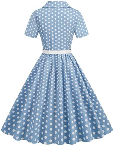 שמלות וינטג 'לנשים משנות החמישים V כפתור צוואר למטה שרוול קצר נקודה הדפס שמלת מקסי שמלת חגורה זורמת שמלת