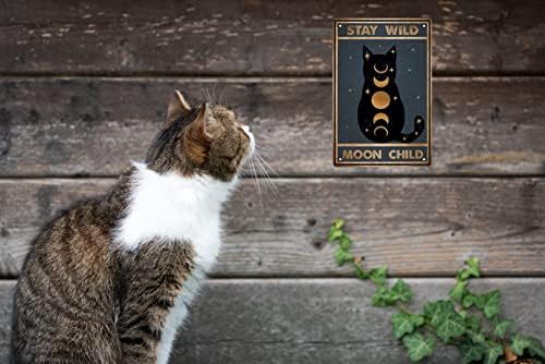 שחור חתול דקור סימנים להישאר פראי ירח ילד מצחיק מתכת פח סימן לבית כפרי מטבח דקור רטרו קיר אמנות דקור בציר חדר פוסטר