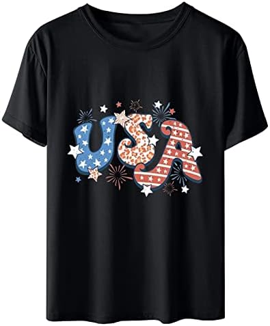 נשים 4 יולי חולצות אמריקאי דגל ארהב דפוס חולצות קצר שרוול צווארון עגול בסיסי טיז עצמאות יום חולצה