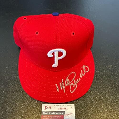 מייק שמידט חתם על אותנטי פילדלפיה פיליס מודל משחק בייסבול כובע JSA - כובעי MLB עם חתימה