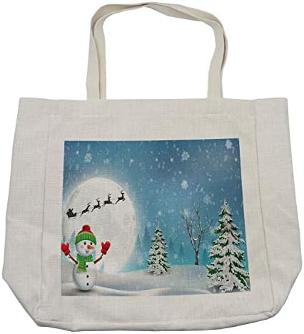 תיק קניות לחג המולד של אמבסון, איש שלג עליז תחת ירח מלא מנופף לסנטה קלאוס עם מזחלת איילים, תיק לשימוש חוזר וידידותי