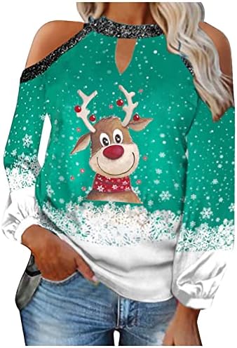 GATXVG נשים חג המולד צמרות כתף קרה חולצות טקס חולצות שרוול ארוך תאו יין זכוכית הדפסת צבע בלוק בלוק