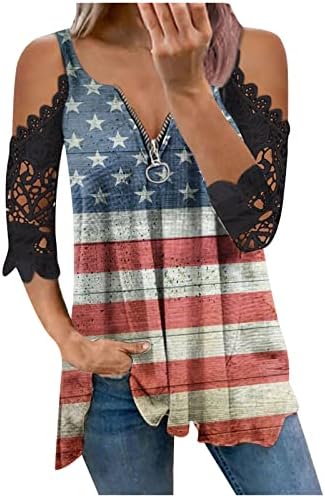 נשים כתף קרה עליון דגל אמריקאי כוכב פסים תחרה תחרה חולצת טי