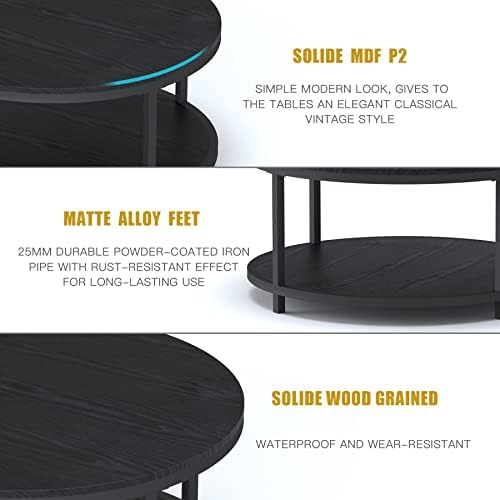 שולחן קפה עגול 36 אינץ', משטח עץ כפרי עליון ורגלי מתכת יציבות שולחן ספה תעשייתי לסלון ריהוט