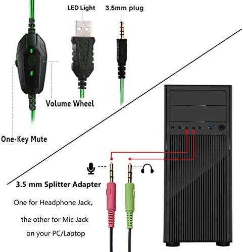 אוזניות משחק עם מיקרופון-מעל אוזן אוזניות משחק ירוקות עם מיקרופון מבטל רעשים ונורית לד למחשב פס5 פס 4 אקס בוקס