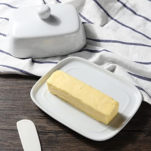 צלחת חמאת קרמיקה עם צלחת גבינת חרסינה מכסה עם מגש חמאה ידית, קערת הגשת קינוח קרמיקה לשולחן, משטח השיש, מקרר