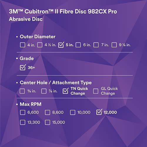 3M Cubitron II דיסק סיבים 982cx Pro, 36+, TN שינוי מהיר, 5 אינץ ', Die TN500p, 25 לפנימי