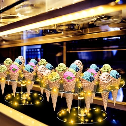 2 חבילות LED גלידה מחזיק חרוט עם אורות 16 חורים גלידה אקרילית קונוס תצוגה עמד