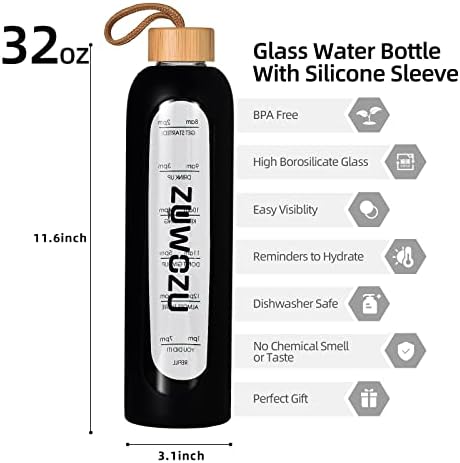 Zuwozu 32 גרם בורוסיליקט בקבוקי מים זכוכית עם ציטוטי תזכורת סמן זמן, הוכחת דליפה לשימוש חוזר BPA בקבוקי מים