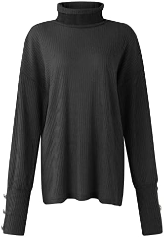 סוודר כותנה לנשים צוואר גולף גולף עליון כפתור סוודר רופף כלפי מעלה שרוול ארוך בצבע אחיד חולצה תחתונה