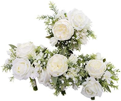Bencentre 7 פרחים מלאכותיים לבנים וירניים זר חתונה לזר שושבינה שנהב, סט של 4 - זרוק זר כפרי, מסיבת הצעות