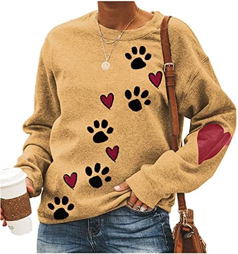 סווטשירטים של נשים אוהבים כלב לב הדפסת כפות חמוד סוודר גרפי חמוד חולצות חולצות שרוול ארוך סתיו