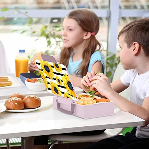 חמניות צהובות מבוטחות קופסת ארוחת צהריים מפוספסת קופסת בנטו לילדים עם 3 תאים מזלגות וכפיות מיקרוגל