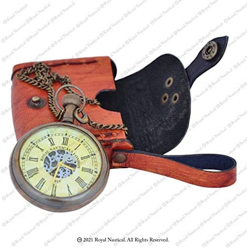 שעון פליז עתיק בחוג רומאי בעבודת יד מלכותית עם שרשרת ומארז עור חום