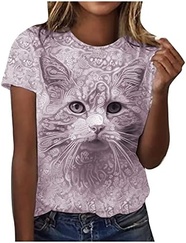 חולצות גרפיות של חתול לנשים סתיו סתיו שרוול קצר צוואר צוואר חולצות חמודות חולצות טש חולצות בגדים