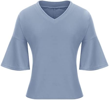 חולצת חולצה לנשים 2023 חצי קצר שרוול פעמון עמוק V צוואר כותנה רופפת בכושר נינוח בכושר בראנץ 'בסיסי חולצה