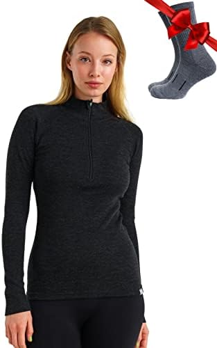 Merino.Tech Merino Wool Layer Layer נשים - מרינו חצי סוודר סוודר אמצע, חולצות תרמיות במשקל