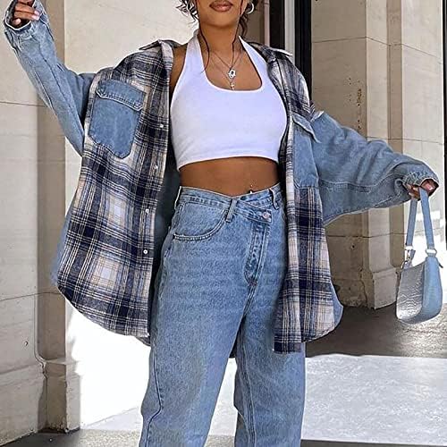 ז'קט הג'ינס הגדול של הנשים של הנשים שרוול ארוך שרוול ארוך קלאסי משובץ משובץ תפור כותנה ג'ין מעילי משאית