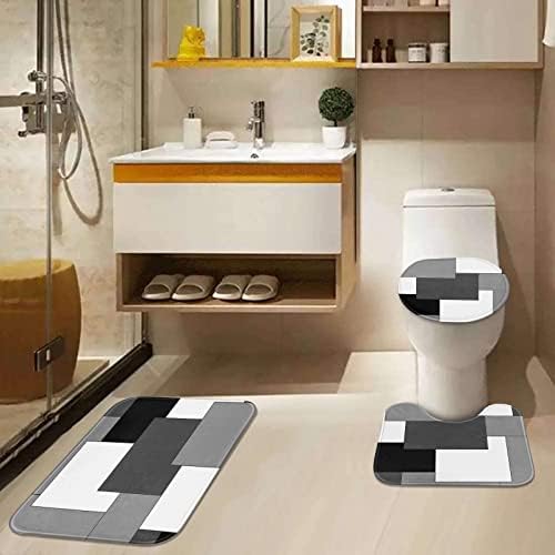 מערכות וילון מקלחת גיאומטריות אפורות אפורות עם כיסוי מכסה השירותים ושטיחים שאינם החלקה לחדר אמבטיה, שחור לבן משובץ