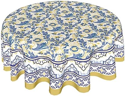 שולחן שולחן פרחוני צהוב וכחול עגול 60 אינץ 'בית חווה בוהו שולחן שולחן אביב בד שולחן בדים עם קמטים עמיד למטבח לחג
