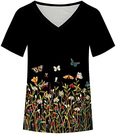 כותנה חולצה חולצה לנשים קיץ סתיו קצר שרוול 2023 עמוק צוואר גרפי הדפסת פרחוני מזדמן חולצה אל על