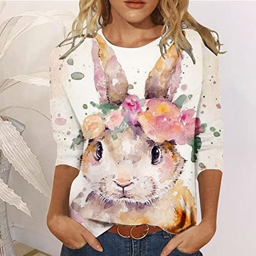 חולצת ארנב פסחא לנשים צמרות מודפסות חמודות חמודות שרוול ארוך חולצות 3/4 חולצת שרוול טי טי לנשים