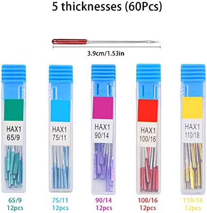 60 חתיכות מחט מכונות תפירה מחטים אוניברסאליות של מכונות נקודה רגילות לזמר, אח, ג'נום, ורמקס עם גודל