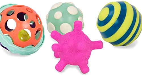 B. תינוק-4 כדורים חושיים-צעצועים לתינוקות-משחק התפתחותי-כדורי גומי עם מרקמים, צלילים, אורות-6 חודשים +-כדור