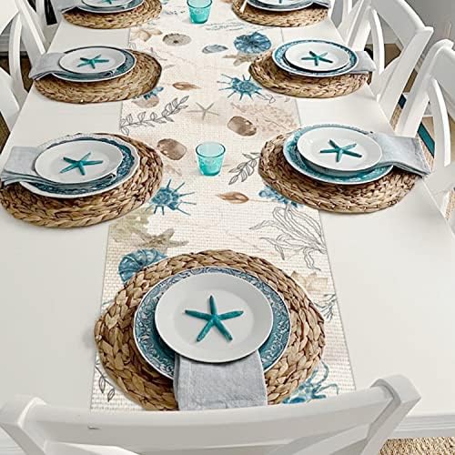 רץ לשולחן צדף כחול קיץ חוף אוקיינוס טרופי רצי שולחן יוטה עונתי מסיבת חג מטבח אוכל חיצוני מקורה