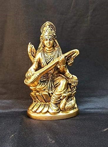 Bharat haat פליז טהור מתכת סרסווטי יושבת על פסל כמאל בגימור משובח ואמנות דקורטיבית BH03999