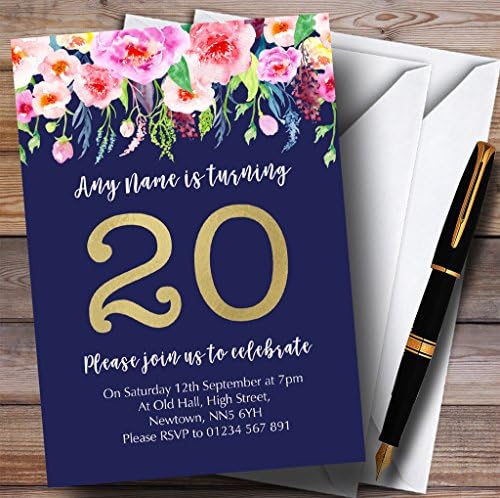 גן החיות בכרטיס כחול וורוד פרחים בצבעי מים ה -20 הזמנות למסיבת יום הולדת בהתאמה אישית