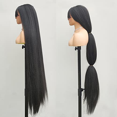 48 סנטימטרים סופר ארוך גדול שיער פאה שחור קינקי ישר פאה עם פוני יקי שיער פאה לנשים שחורות סינטטי פאות 120