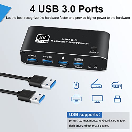 HDMI KVM, NEWCARE 8K USB מתג 2x1 HDMI2.1 יציאות + 4X USB3.0 יציאות KVM, לשתף 2 מחשבים, אחד לפקח על מתג