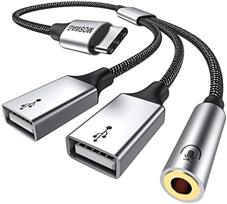 MOSWAG USB C עד 3.5 ממ מתאם שמע 2 יציאות USB ויציאת 3.5 ממ, 3-in-1 USB C ל- AUX MIC Jack ו- 2 יציאות